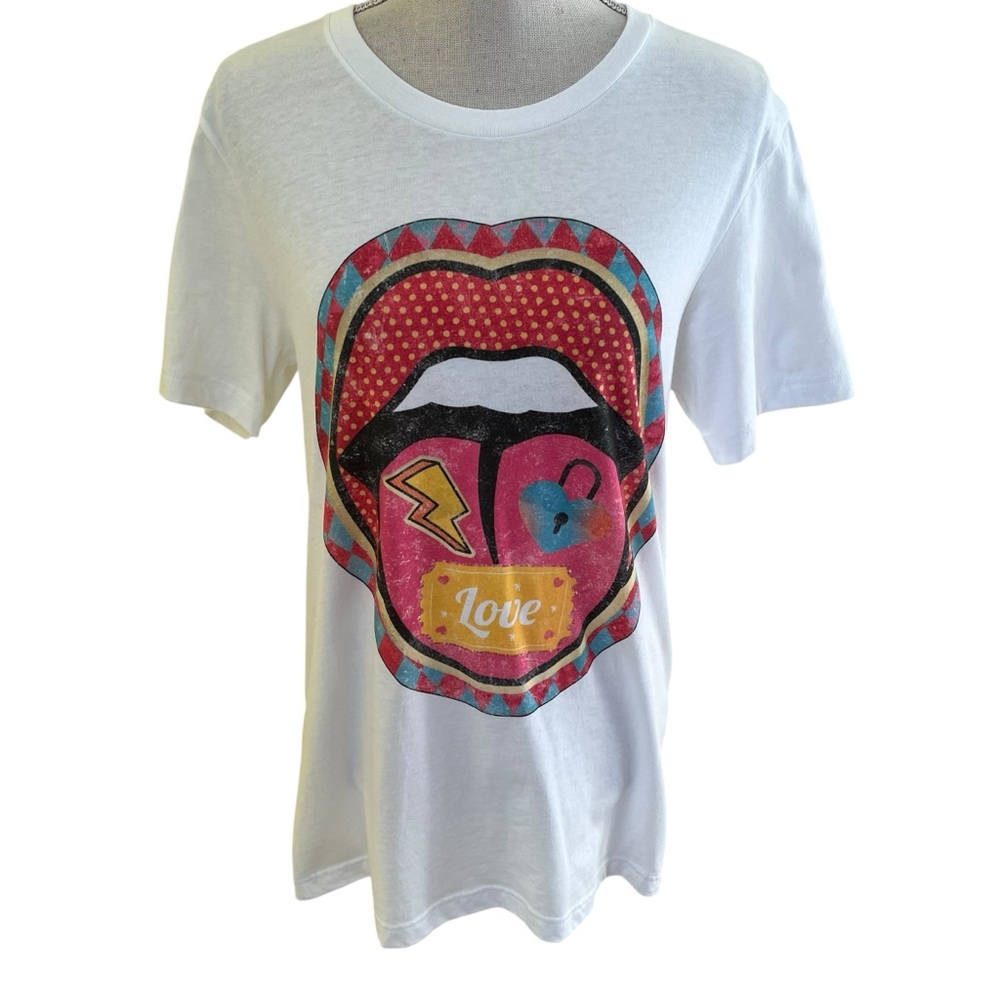 Canvas White Short Sleeve Tee Shirt with Retro Lips Print M